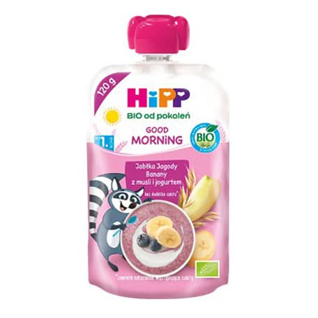 HiPP Good Morning Fruit Puree Apples Blueberries Bananas with Muesli and Yogurt 120g (PL47022) (EXP:03/13/26)