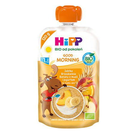 HiPP Good Morning Fruit Puree Apples Peaches Bananas with Muesli and Yogurt 120g (PL47021)(EXP:03/13/26)