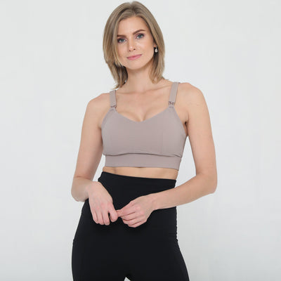 Maeve Run Times Sewn In Cups Nursing & Pumping Sports Bra (Ribbed Chai)