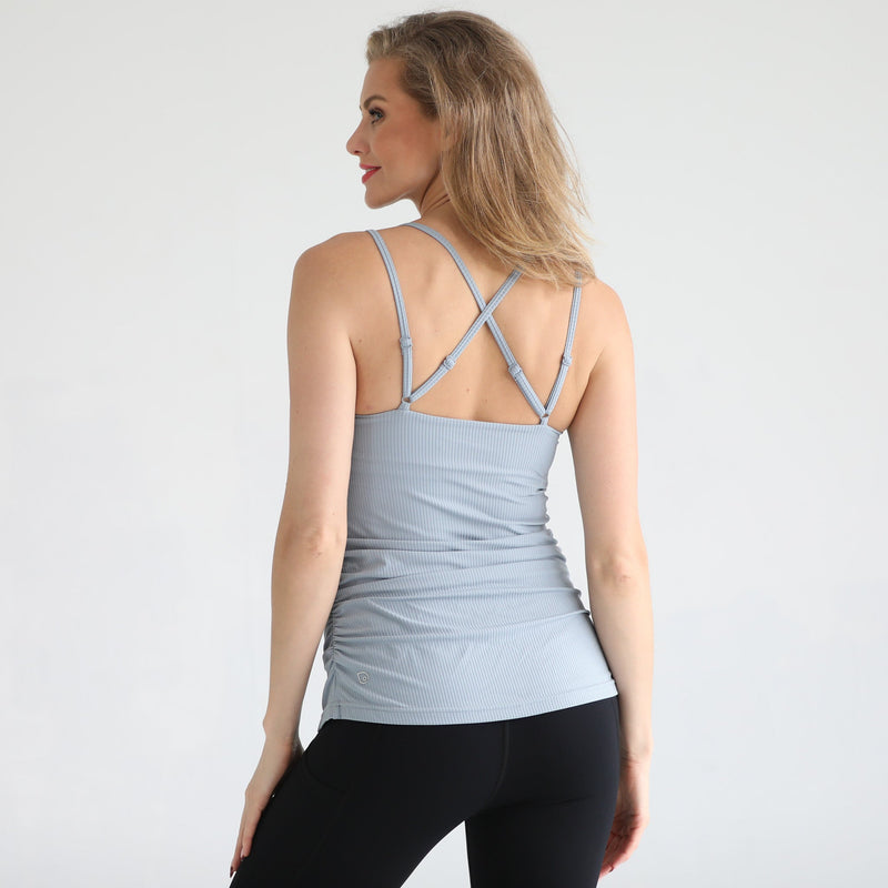 Sienna Light Support Nursing Cami Bra Ribbed Sky Mist worn by model, front view