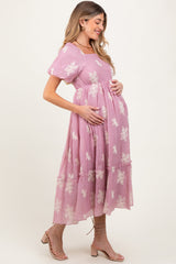 PinkBlush Mauve Floral Print Ruffle Hem Maternity Midi Dress