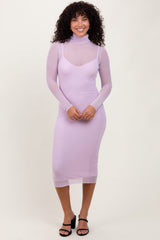 PinkBlush Lavender Mesh Overlay Fitted Maternity Midi Dress