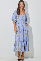 PinkBlush Light Blue Floral Puff Sleeve Maternity Tiered Maxi Dress