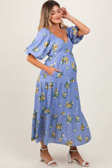 PinkBlush Light Blue Floral Puff Sleeve Maternity Tiered Maxi Dress