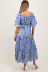 PinkBlush Light Blue Floral Puff Sleeve Maternity Tiered Maxi Dress