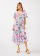 PinkBlush Light Pink Watercolor Floral Flutter Sleeve Maternity Midi Dress