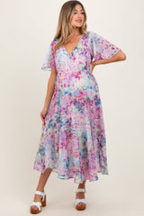 PinkBlush Light Pink Watercolor Floral Flutter Sleeve Maternity Midi Dress