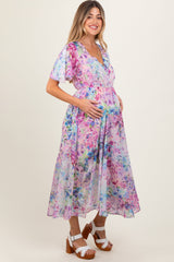 PinkBlush Light Pink Watercolor Floral Flutter Sleeve Maternity Midi Dress