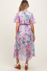 PinkBlush Light Pink Watercolor Floral Flutter Sleeve Maternity Midi Dress