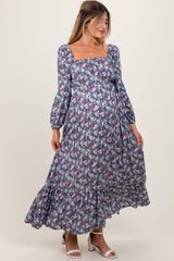 PinkBlush Blue Floral Reversible Long Sleeve Maternity Maxi Dress