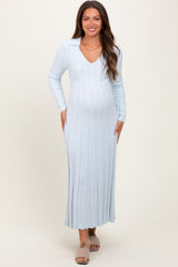 PinkBlush Light Blue Wide Ribbed Knit Collared Maternity Midi Dress