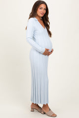 PinkBlush Light Blue Wide Ribbed Knit Collared Maternity Midi Dress