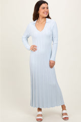 PinkBlush Light Blue Wide Ribbed Knit Collared Maternity Midi Dress