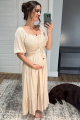 PinkBlush Taupe Smocked Cinched Front Maternity Maxi Dress