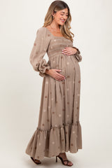 PinkBlush Grey Taupe Long Sleeve Floral Accent Maternity Dress