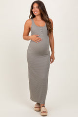 PinkBlush Olive Striped Button Front Sleeveless Maternity Maxi Dress
