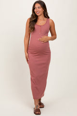 PinkBlush Burgundy Striped Button Front Sleeveless Maternity Maxi Dress