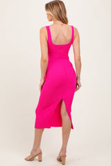 PinkBlush Fuchsia Ribbed Front Tie Sleeveless Maternity Midi Dress