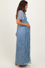 PinkBlush Blue Smocked Top Lace Maternity Maxi Dress