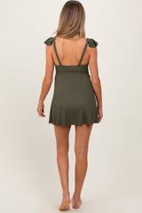 PinkBlush Olive Ribbed Ruffle Twist Front Maternity Swim Dress