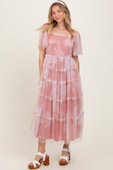 PinkBlush Pink Smocked Top Mesh Ruffled Maternity Midi Dress