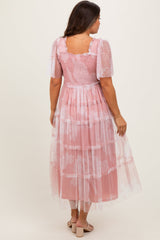 PinkBlush Pink Smocked Top Mesh Ruffled Maternity Midi Dress