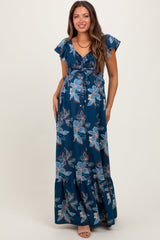 PinkBlush Navy Floral Smocked Cinched Top Maternity Maxi Dress