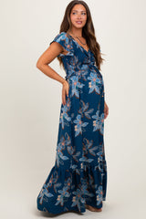 PinkBlush Navy Floral Smocked Cinched Top Maternity Maxi Dress