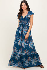 PinkBlush Navy Floral Smocked Cinched Top Maternity Maxi Dress