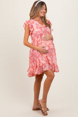 PinkBlush Pink Floral Chiffon Ruffle Short Sleeve Maternity Dress