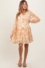 PinkBlush Orange Floral Chiffon Babydoll Long Sleeve Maternity Dress