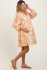 PinkBlush Orange Floral Chiffon Babydoll Long Sleeve Maternity Dress