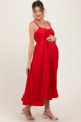 PinkBlush Red Pleated Sash Tie Maternity Midi Dress