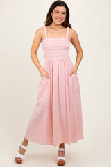 PinkBlush Light Pink Smocked Embroidered Bust Maternity Midi Dress
