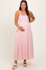PinkBlush Light Pink Smocked Embroidered Bust Maternity Midi Dress