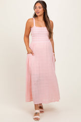 PinkBlush Light Pink Smocked Embroidered Bust Maternity Midi Dress