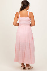 PinkBlush Light Pink Smocked Embroidered Bust Maternity Midi Dress