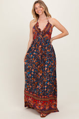 PinkBlush Navy Floral Colorblock Halter Tie Back Maternity Maxi Dress
