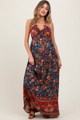 PinkBlush Navy Floral Colorblock Halter Tie Back Maternity Maxi Dress