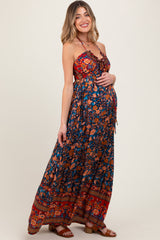 PinkBlush Navy Floral Colorblock Halter Tie Back Maternity Maxi Dress