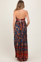 PinkBlush Navy Floral Colorblock Halter Tie Back Maternity Maxi Dress