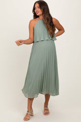 PinkBlush Light Olive Pleated Woven Maternity Midi Dress