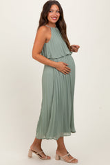 PinkBlush Light Olive Pleated Woven Maternity Midi Dress