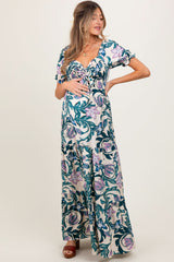 PinkBlush Teal Floral Smocked Front Tie Maternity Maxi Dress