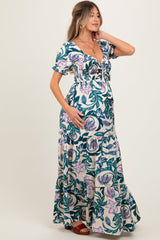 PinkBlush Teal Floral Smocked Front Tie Maternity Maxi Dress