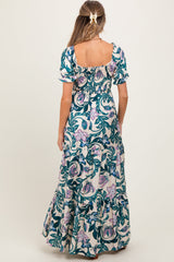 PinkBlush Teal Floral Smocked Front Tie Maternity Maxi Dress