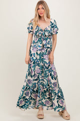 PinkBlush Teal Floral Smocked Front Tie Maternity Maxi Dress