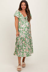 PinkBlush Green Floral Front Tie Maternity Midi Dress