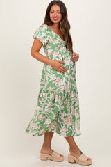 PinkBlush Green Floral Front Tie Maternity Midi Dress