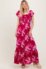 PinkBlush Magenta Floral Smocked Cinched Top Maternity Maxi Dress